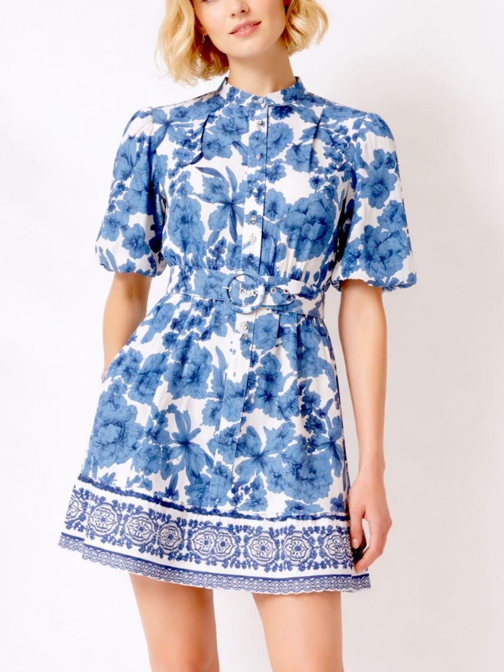 NWOT Joie Blue & White Floral Puff Sleeve Belted Cotton Mini Dress Size 4